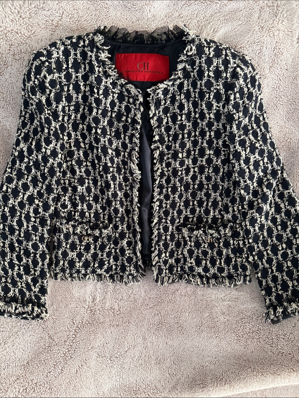 Carolina Herrera Navy and White/Cream Bouclé Cropped Jacket with 3/4 sleeves